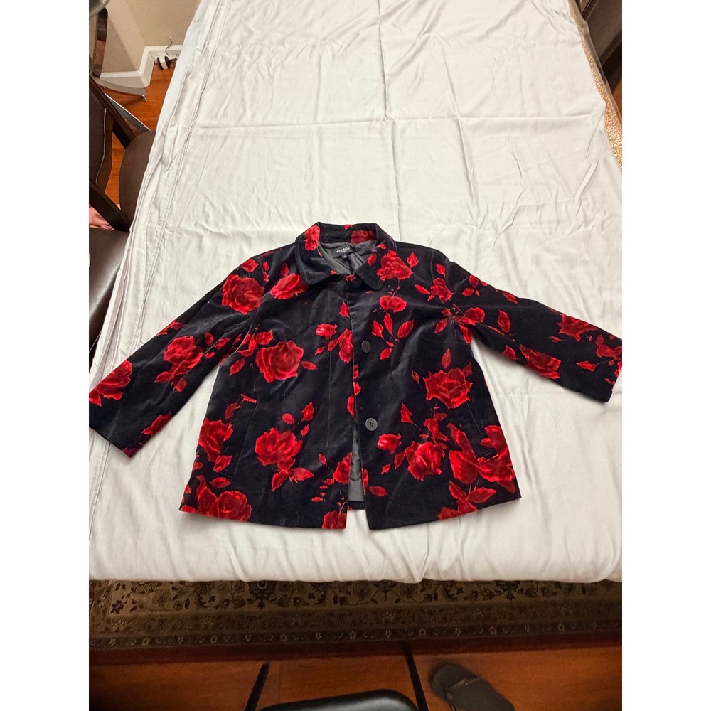 Talbots Petites Black Red Rose Floral Velvet Jacket 3/4 Sleeve Size 8P